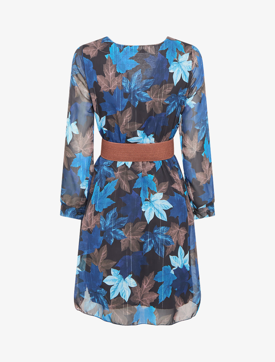 Robe mi-longue évasée imprimé feuilles - Marine - 2