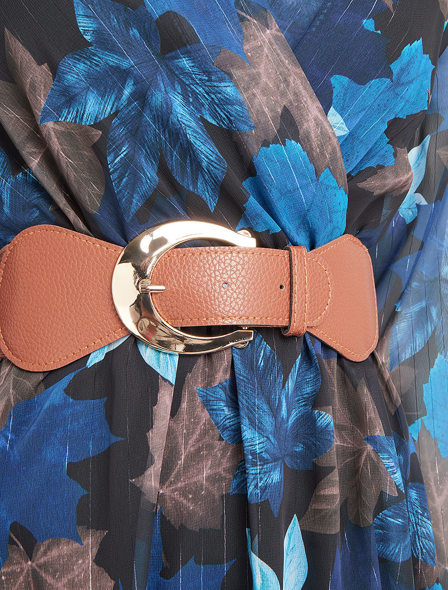 Robe mi-longue évasée imprimé feuilles - Marine - 3