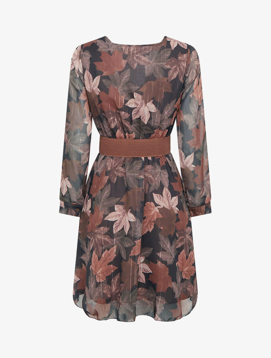 Robe mi-longue évasée imprimé feuilles - Marron - 2