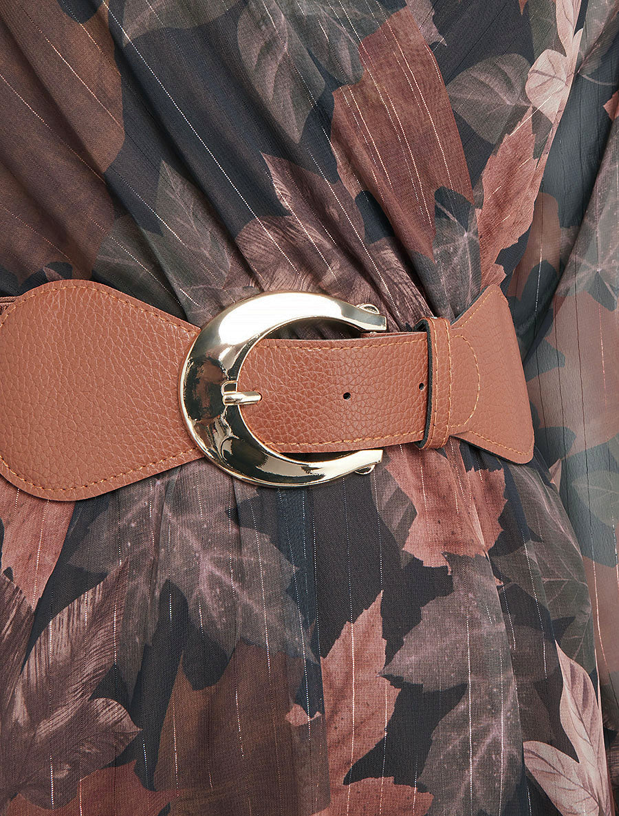 Robe mi-longue évasée imprimé feuilles - Marron - 3