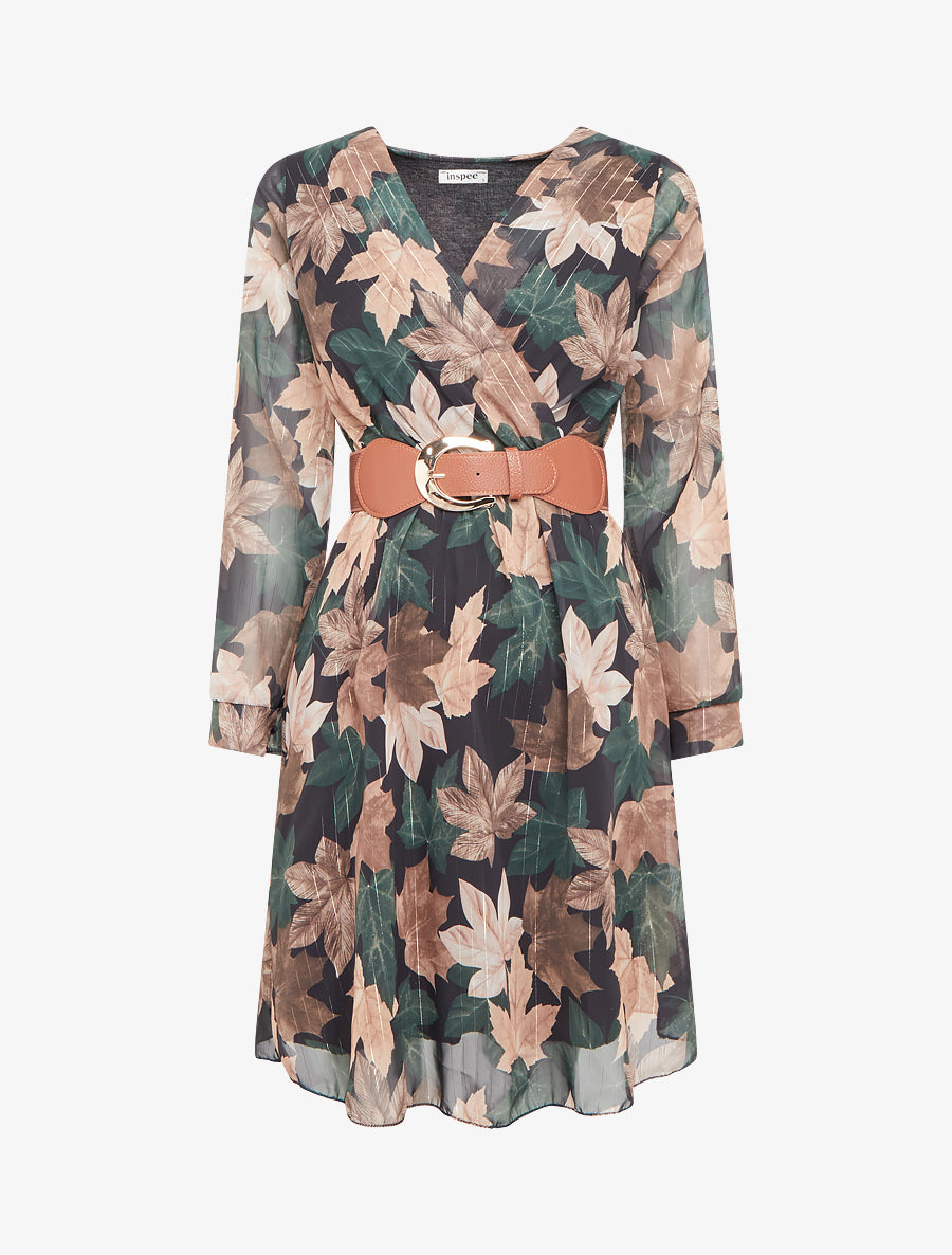 Robe mi-longue évasée imprimé feuilles - Vert foncé - 1
