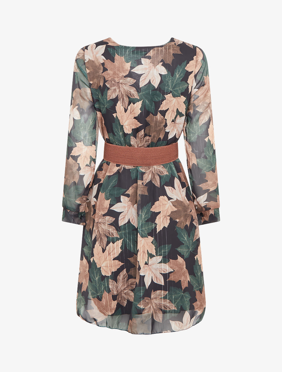 Robe mi-longue évasée imprimé feuilles - Vert foncé - 2