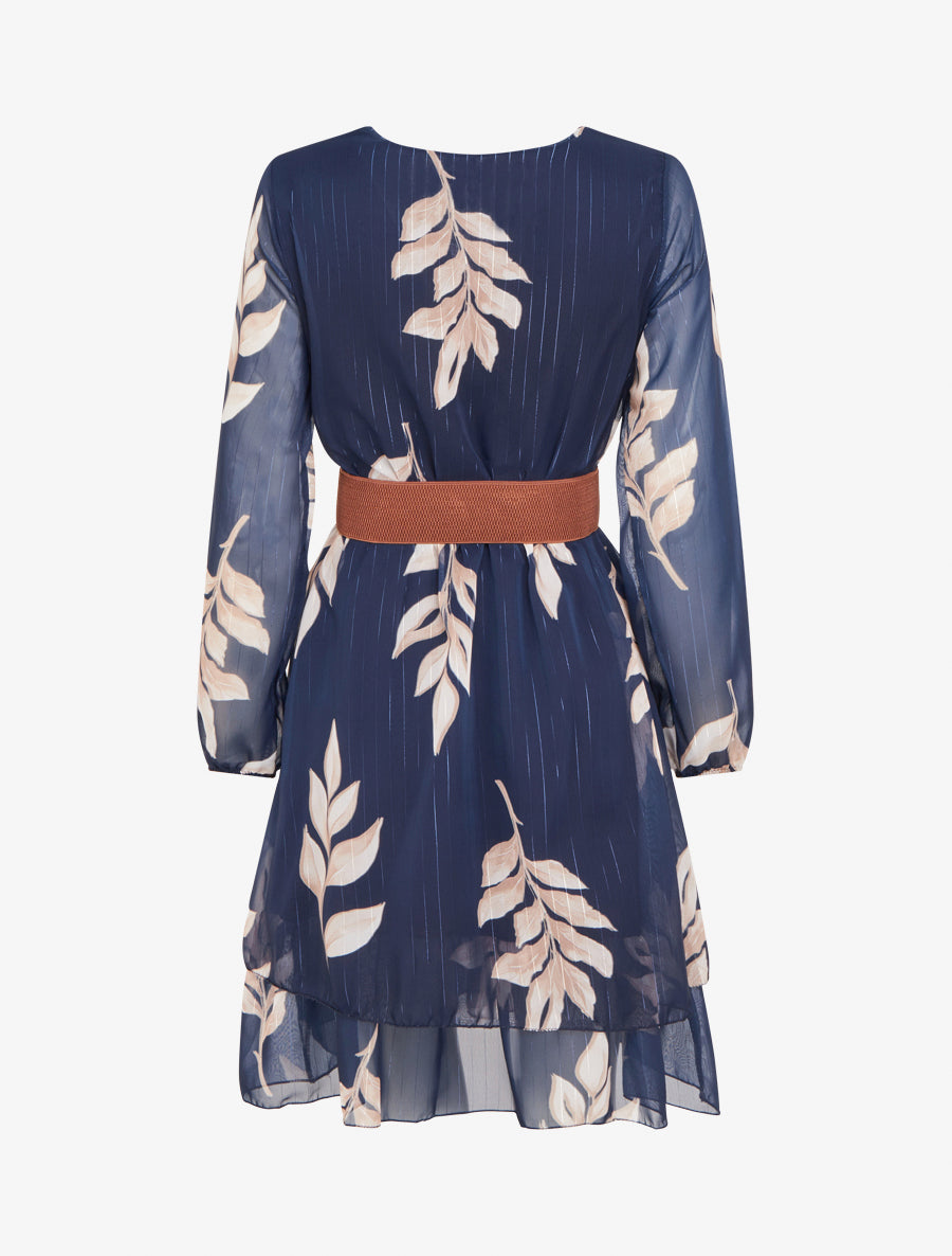 Robe patineuse en voile imprimé feuilles - Marine - 2