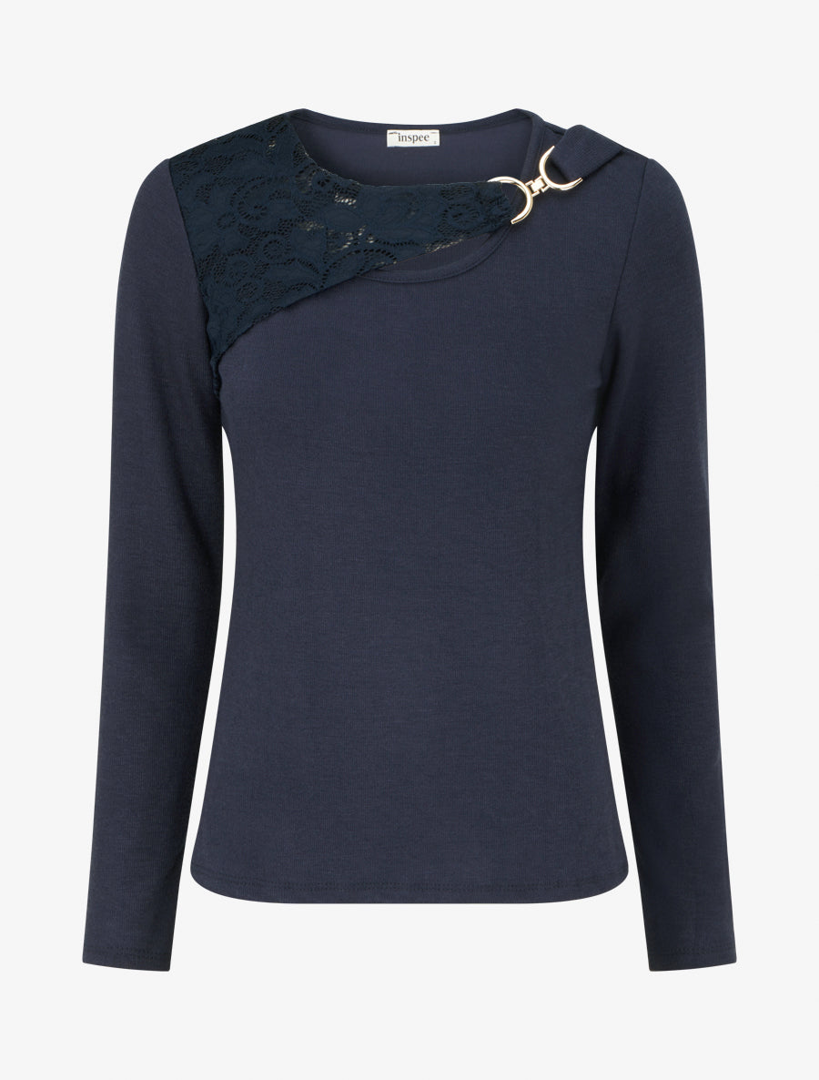 Pull à détail dentelle et empiècement métallique - Marine - 1