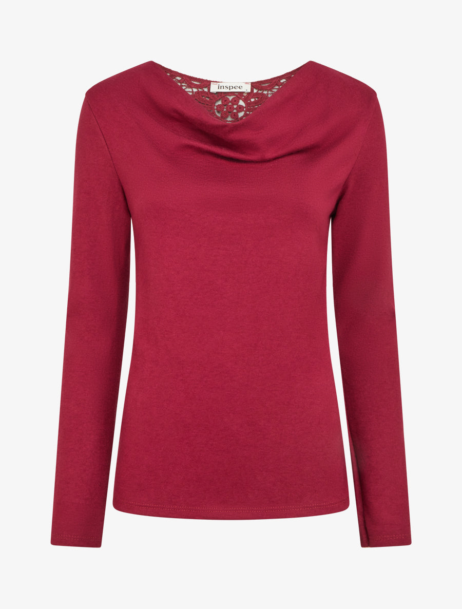 Pull à col bénitier et dos en crochet - Bordeaux - 1