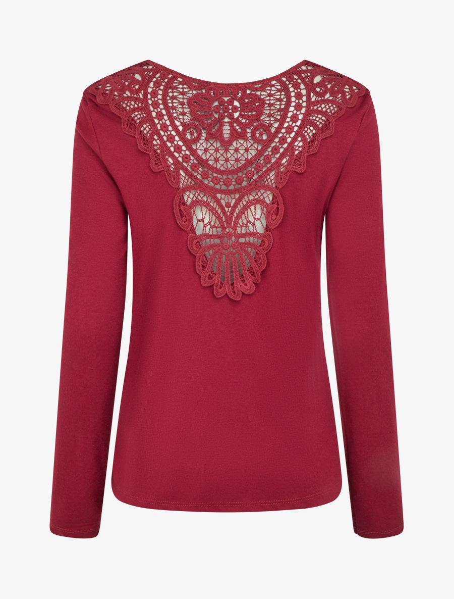 Pull à col bénitier et dos en crochet - Bordeaux - 2