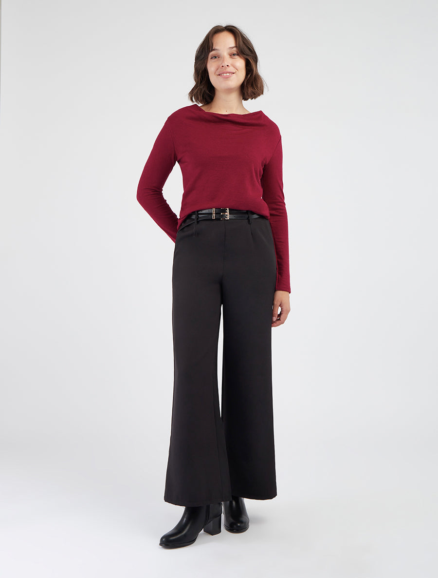 Pull à col bénitier et dos en crochet - Bordeaux