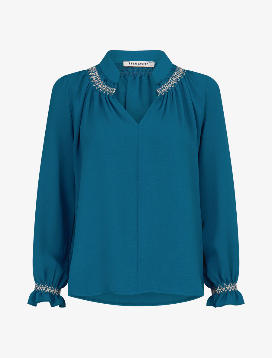 Blouse droite à détail brodé - Bleu canard - 4
