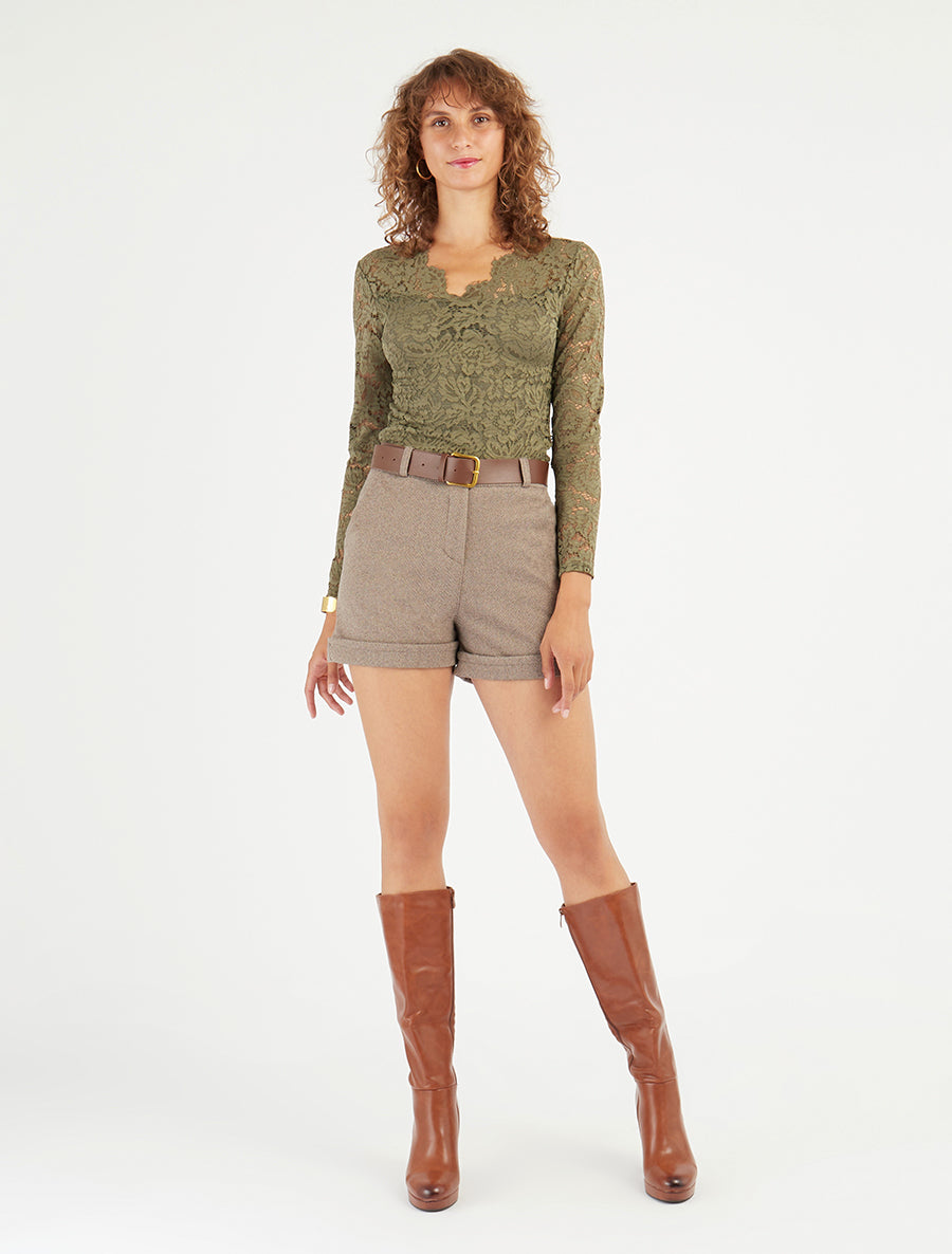Short à revers imprimé chevron - Beige - 8
