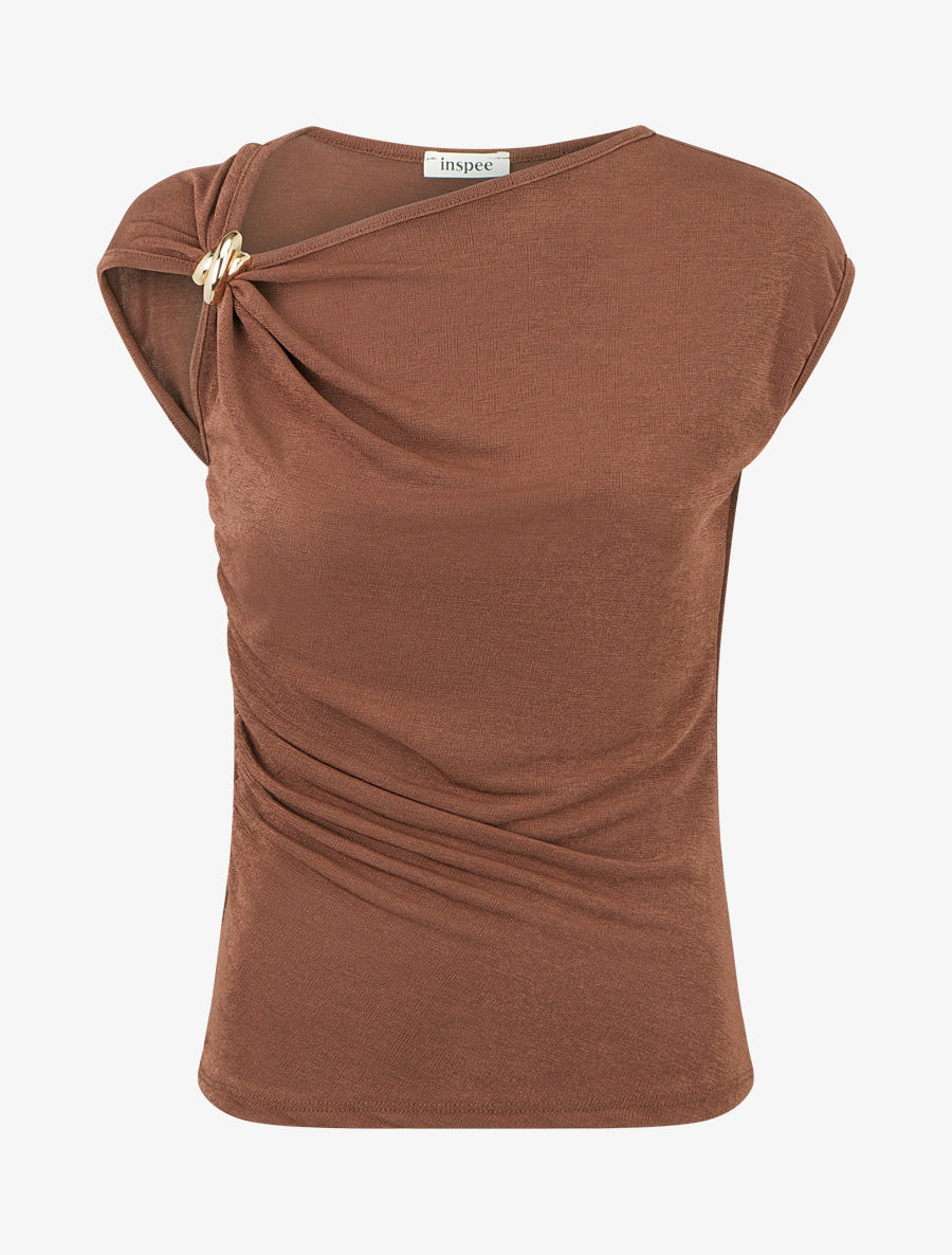 Top uni sans manches à empiècement bijou - Marron - 1