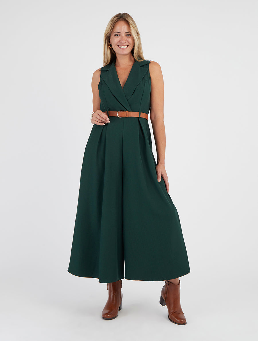 Mouwloze effen jumpsuit met ceintuur - Dennengroen