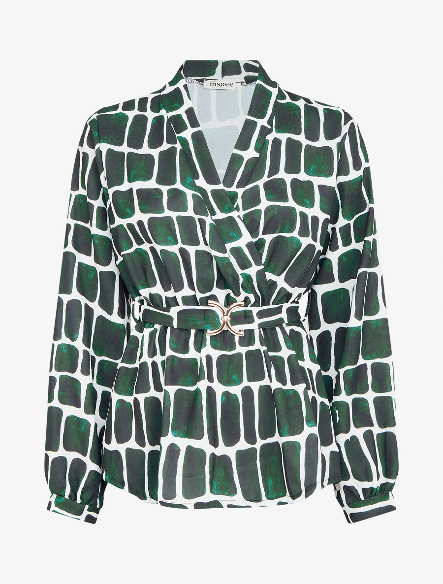 Top ceinturé à imprimé graphique - Vert foncé - 1