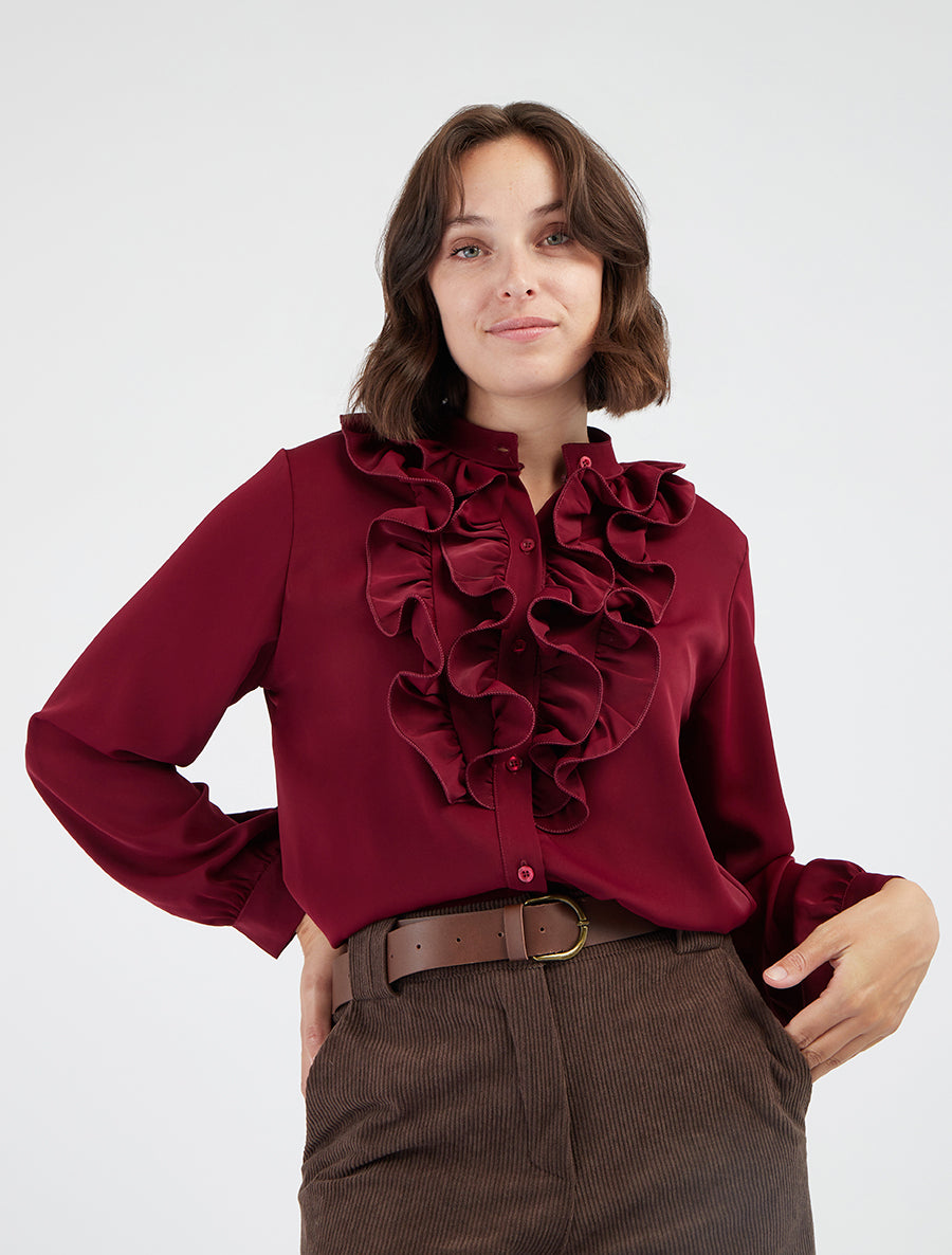 Effen blouse met jabotkraag - Wijnrood