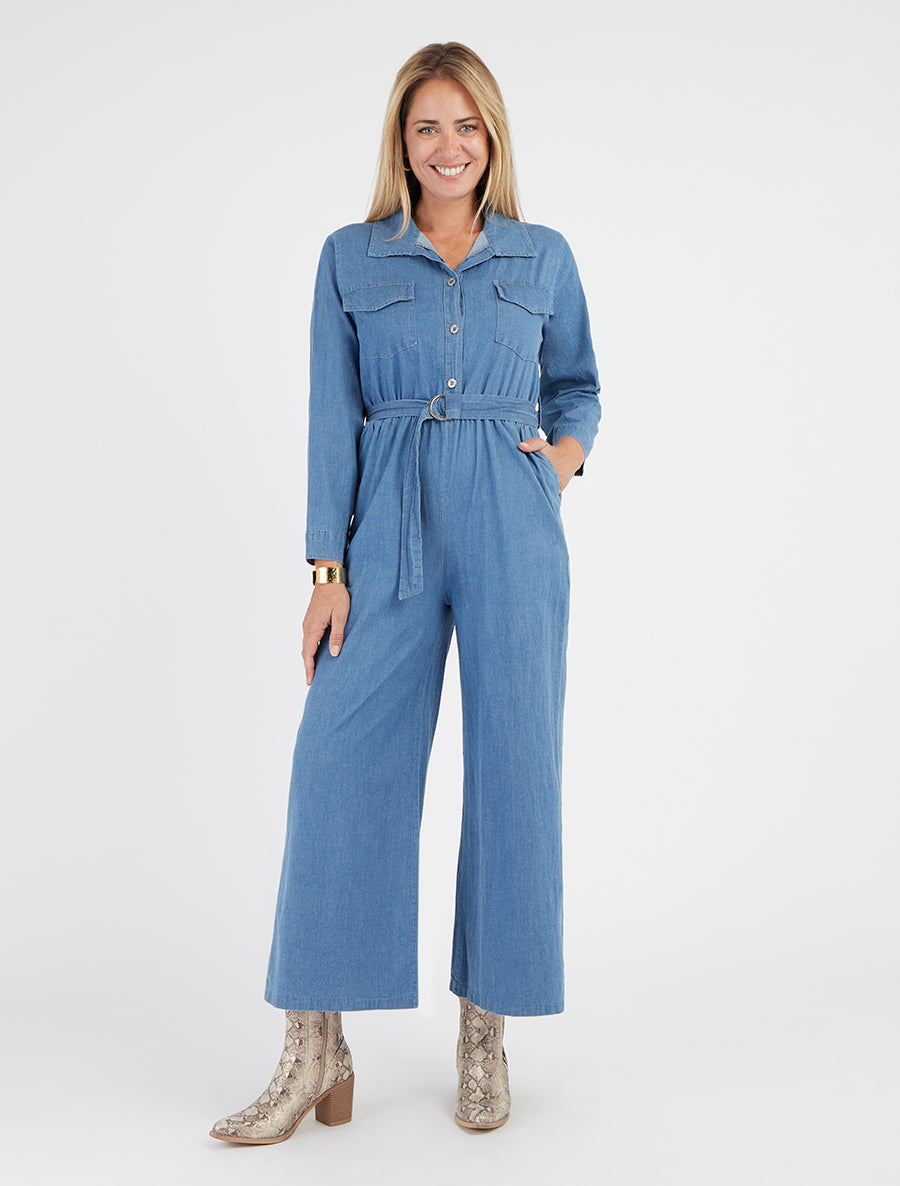 Combinaison en denim à taille élastiquée - Bleu clair