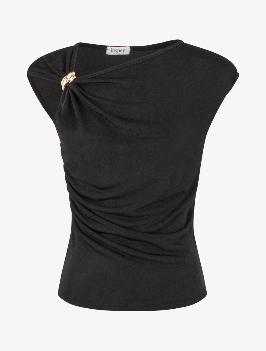 Top uni sans manches à empiècement bijou - Noir - 1
