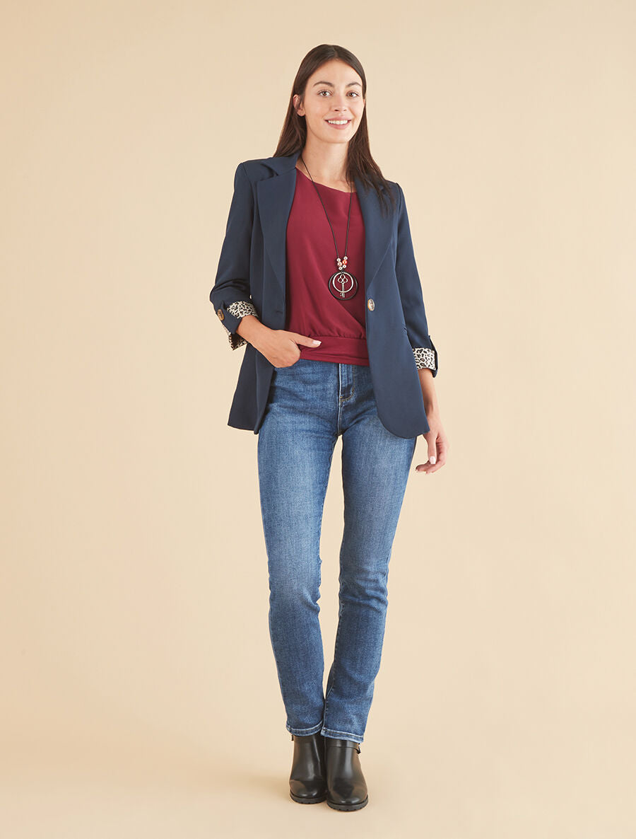 Veste cintrée à rabat léopard - Marine - 4