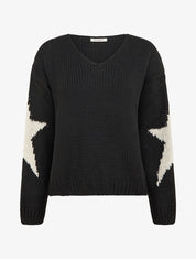 Pull en maille uni à motifs étoiles - Noir - 1