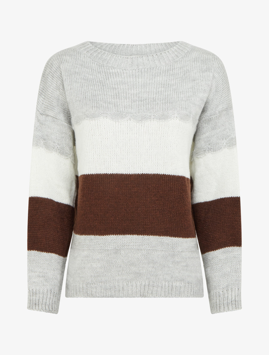 Pull rayé à col rond - Gris - 1