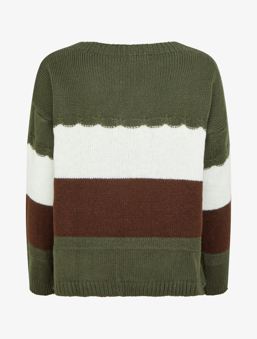 Pull rayé à col rond - Kaki - 2