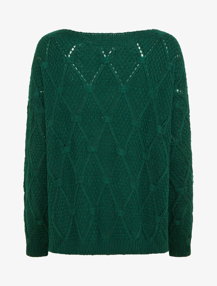 Pull uni ajouré à col rond - Vert sapin - 2