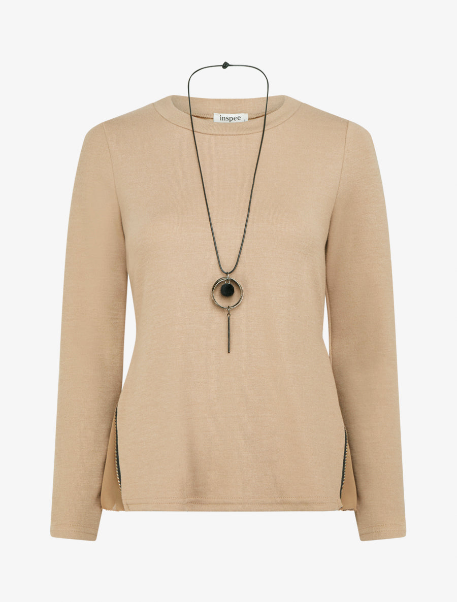 Pull fin zippé sur les côtés - Beige - 1