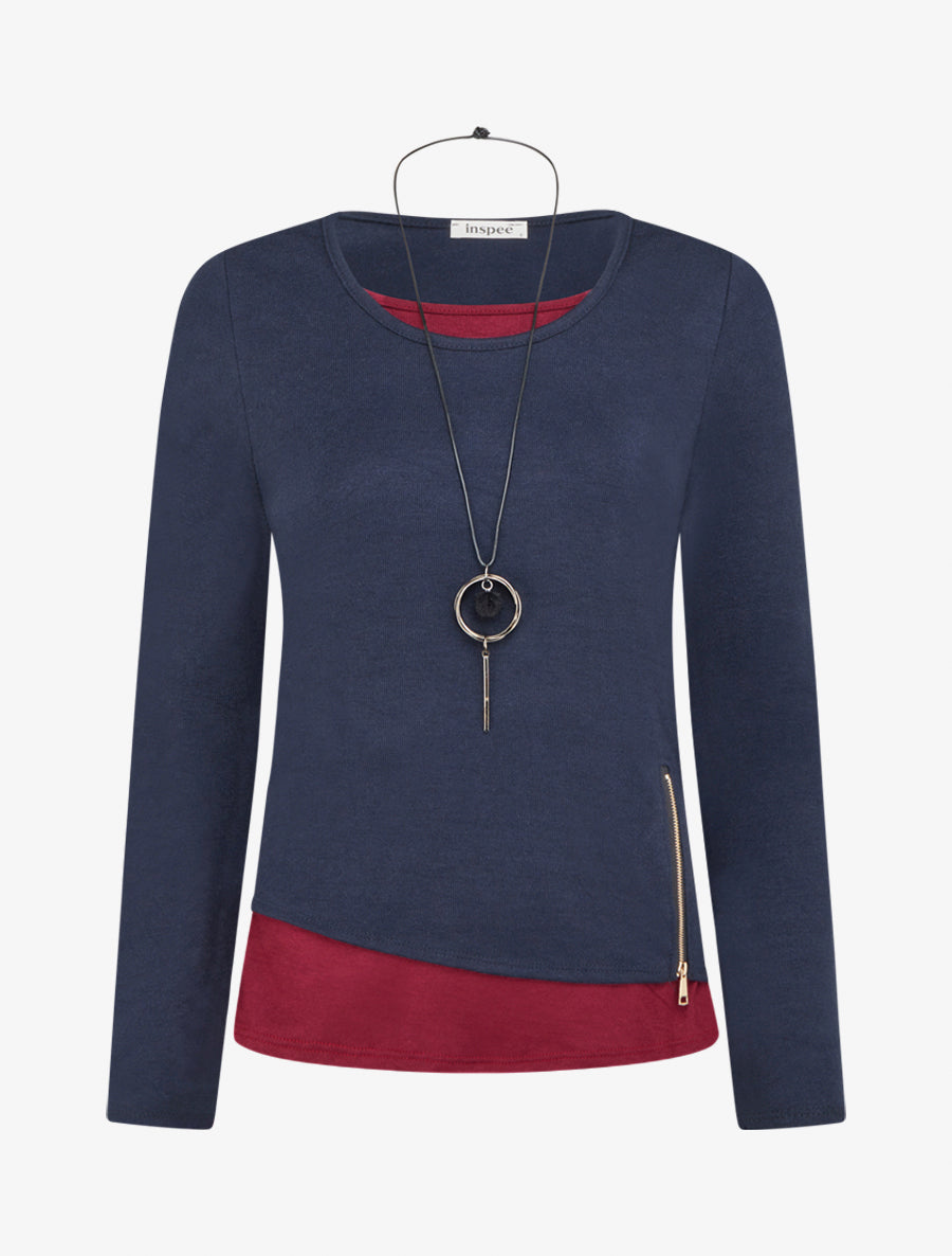 Pull bicolore zippé sur le côté - Marine/bordeaux - 1