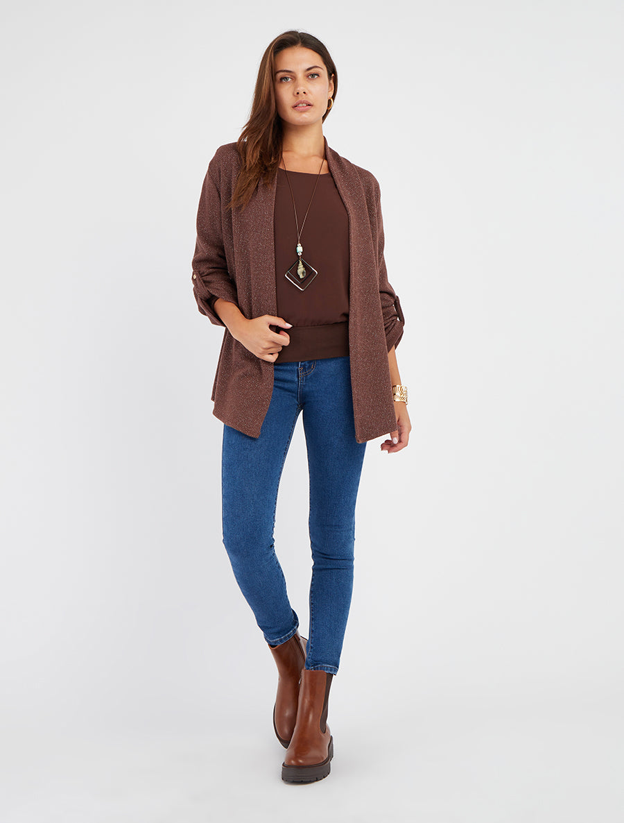 Gilet uni irisé à manches longues retroussables - Marron - 8