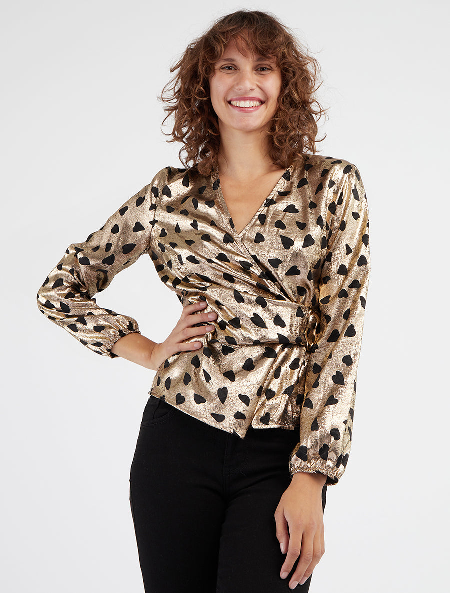 Blouse irisée élastiquée à imprimé coeurs - Or