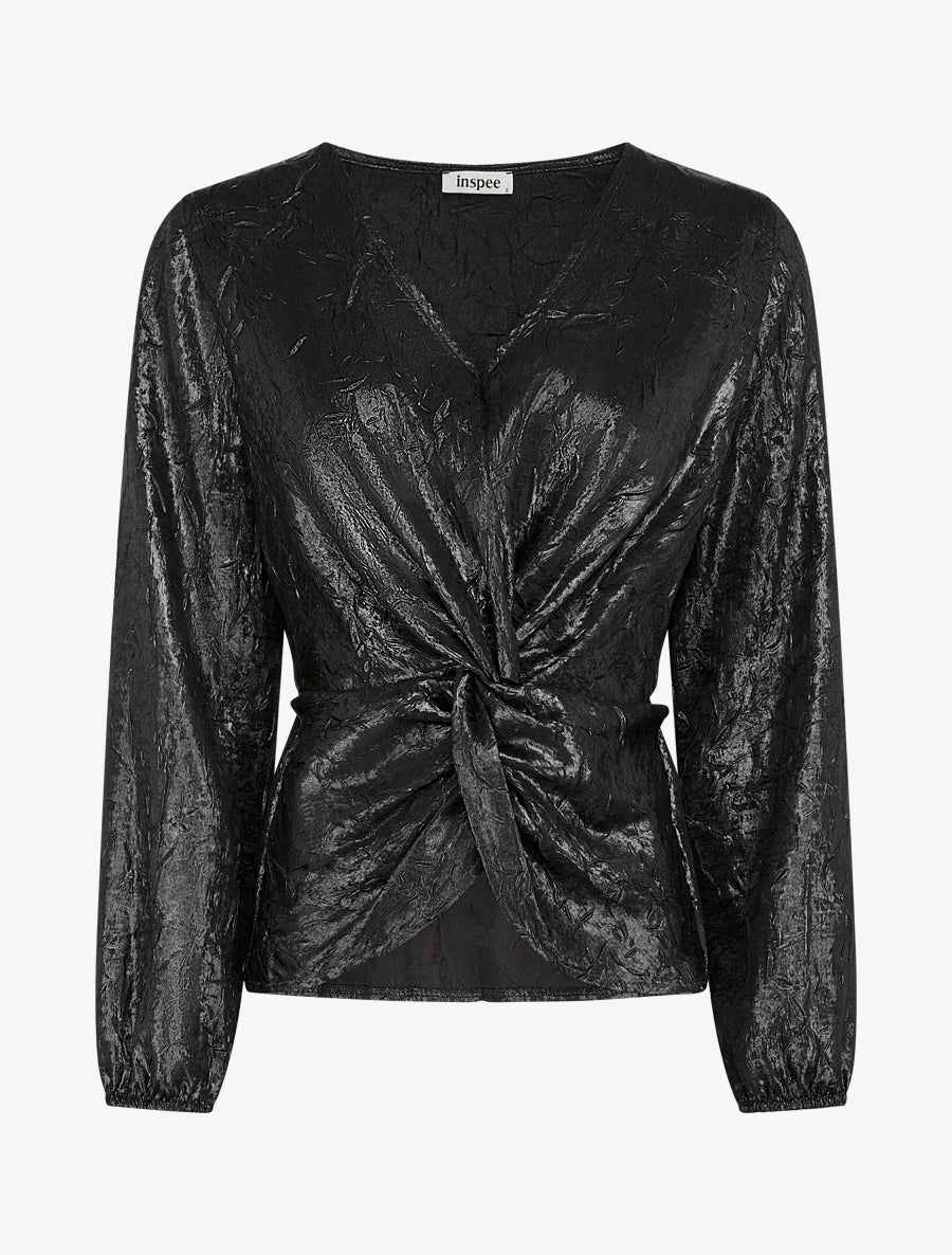 Blouse irisée élastiquée à manches longues - Noir - 1