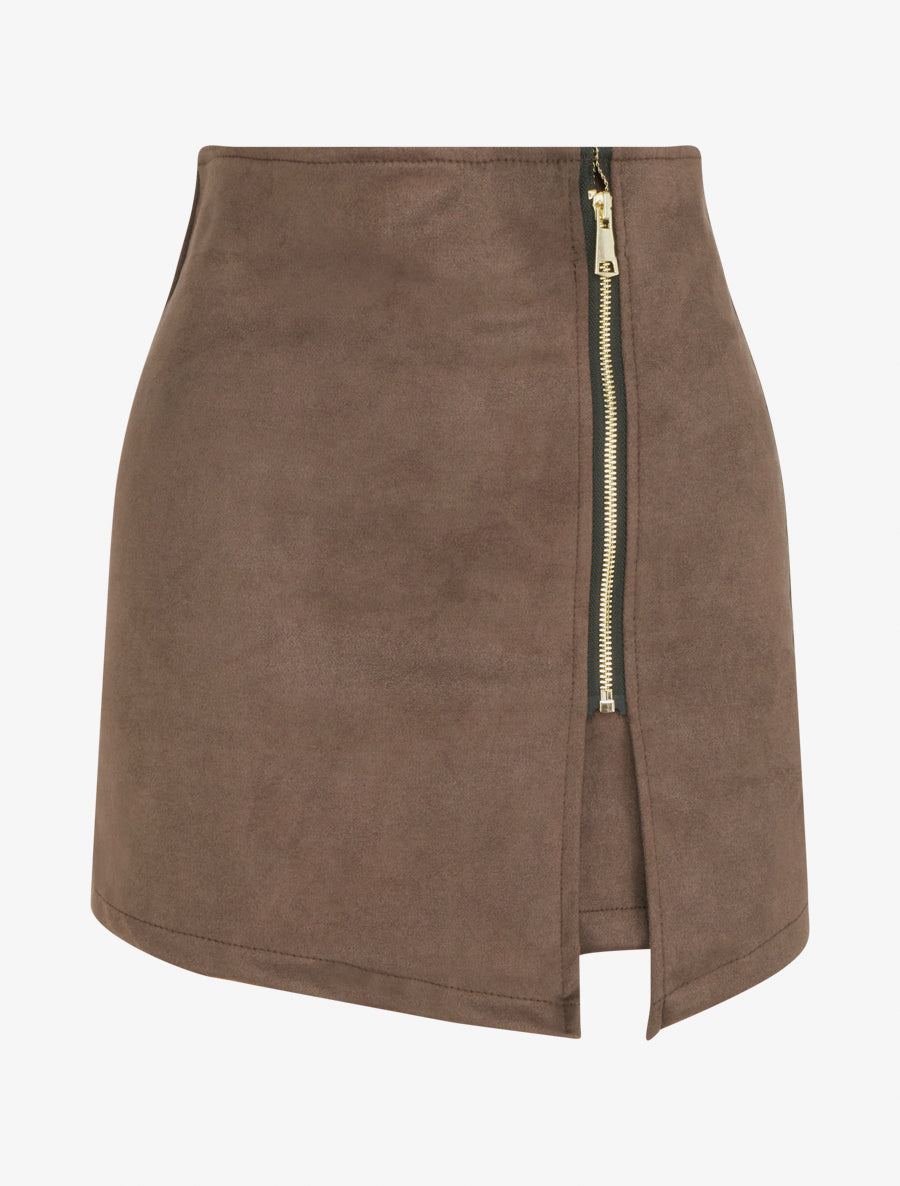 Jupe short zippée en suédine - Marron - 1