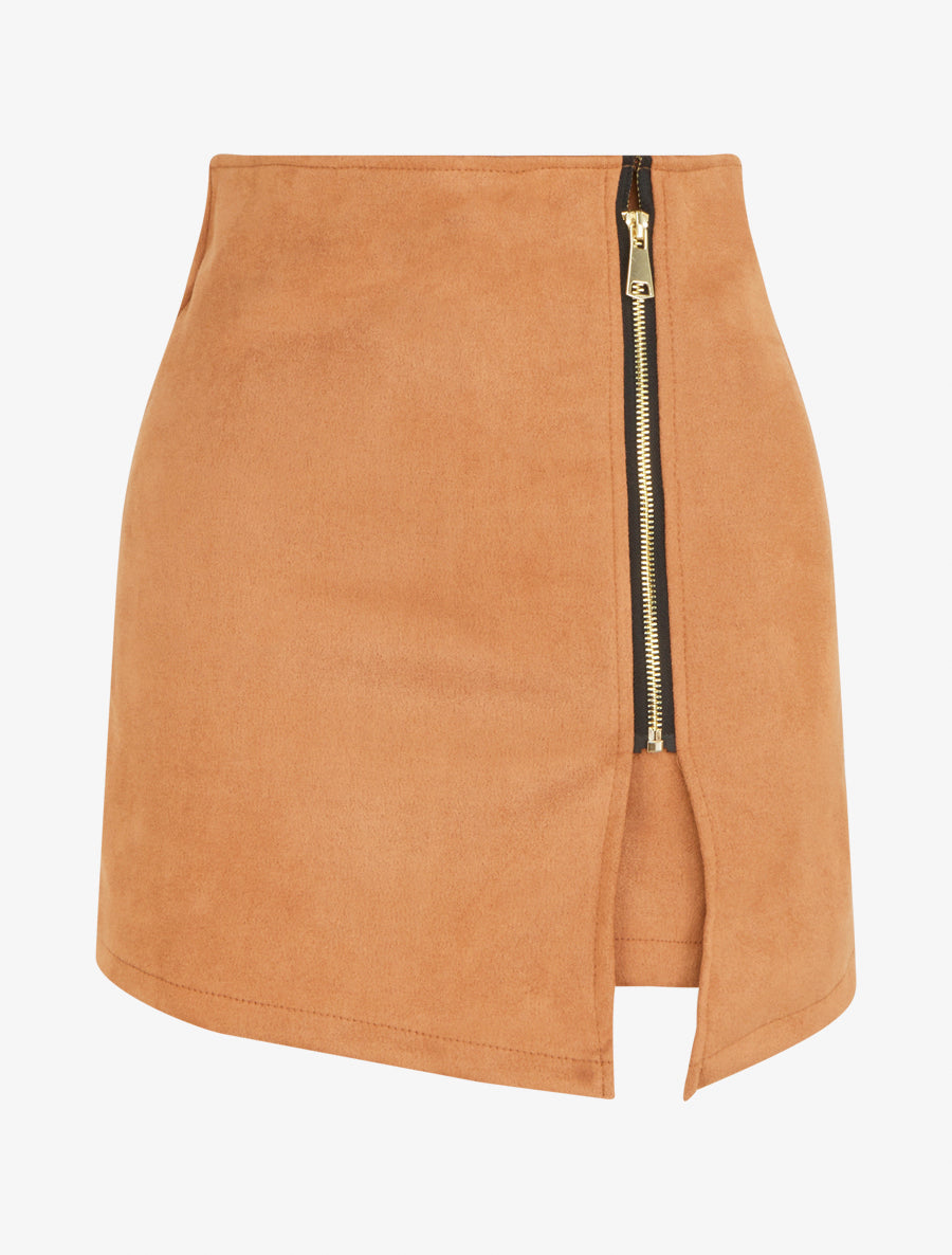 Jupe short zippée en suédine - Camel - 1