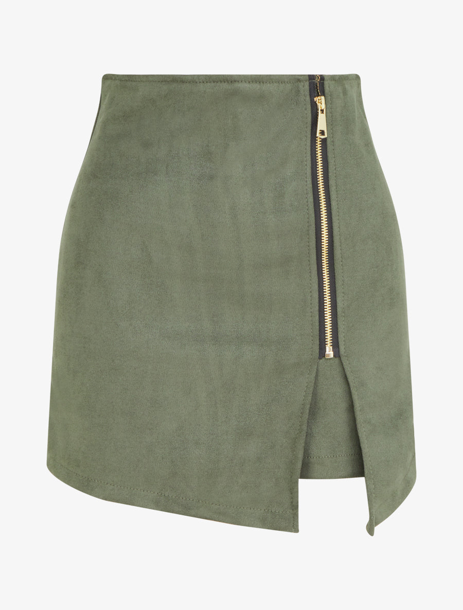 Jupe short zippée en suédine - Kaki - 1