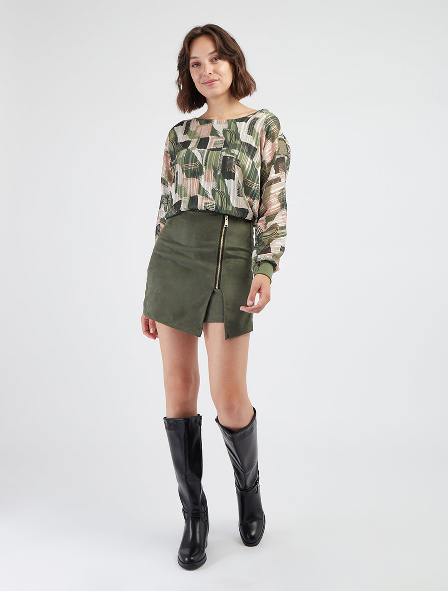 Jupe short zippée en suédine - Kaki - 8