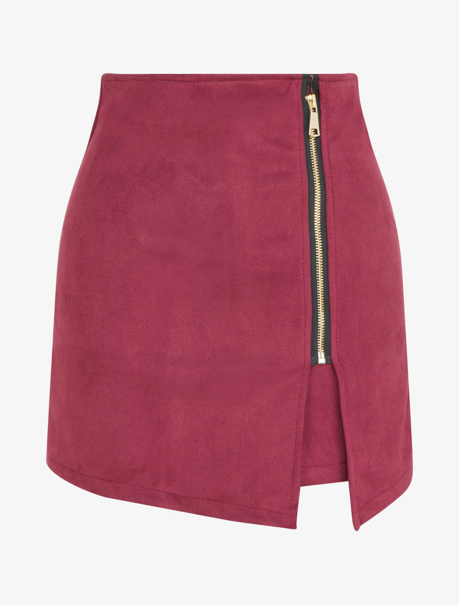 Jupe short zippée en suédine - Lie de vin - 1