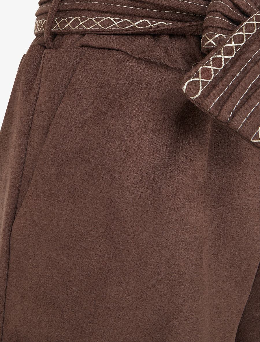 Short en suédine à ceinture brodée - Marron - 3