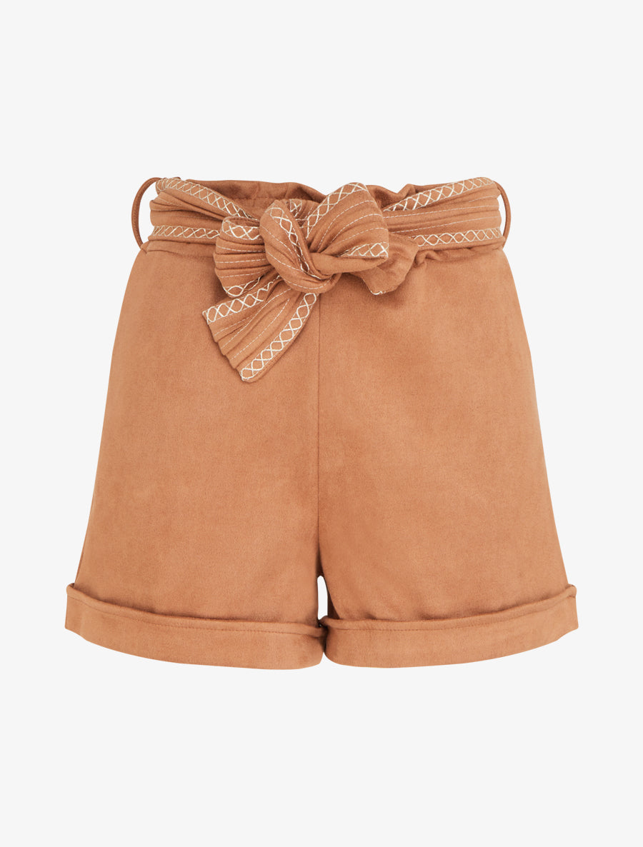 Short en suédine à ceinture brodée - Camel - 1