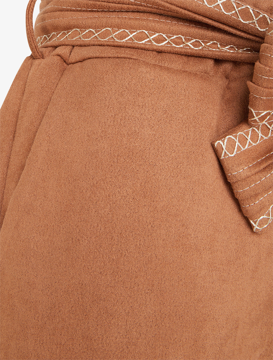Short en suédine à ceinture brodée - Camel - 3