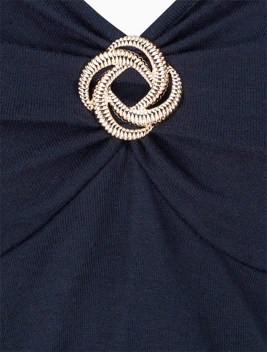 Pull fin uni à empiècement bijou - Marine - 3