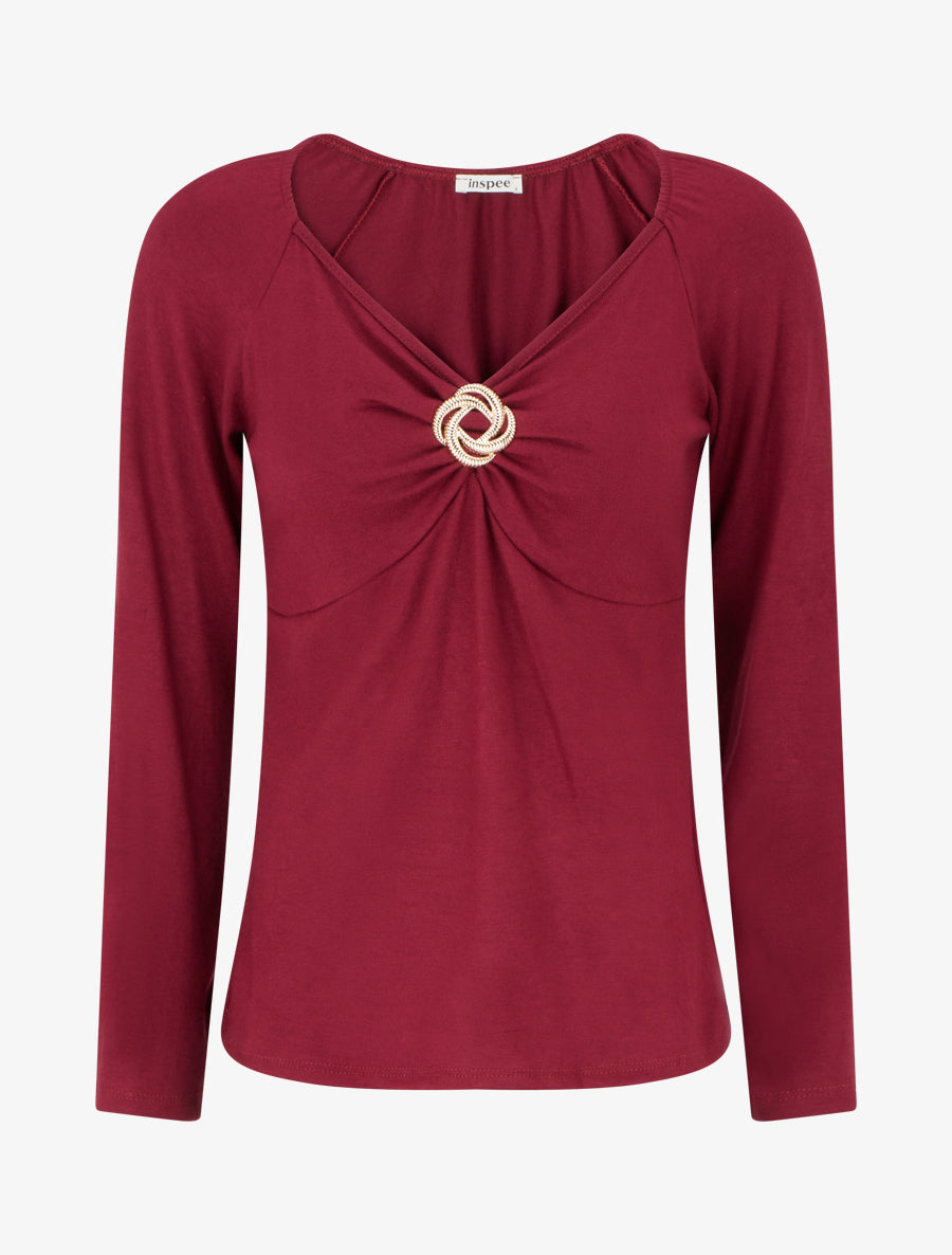 Pull fin uni à empiècement bijou - Bordeaux - 1