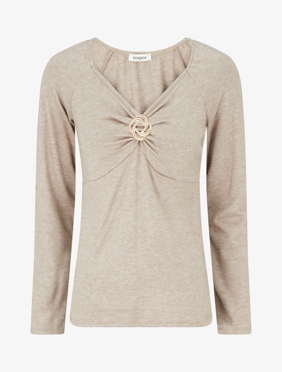 Pull fin uni à empiècement bijou - Taupe - 1