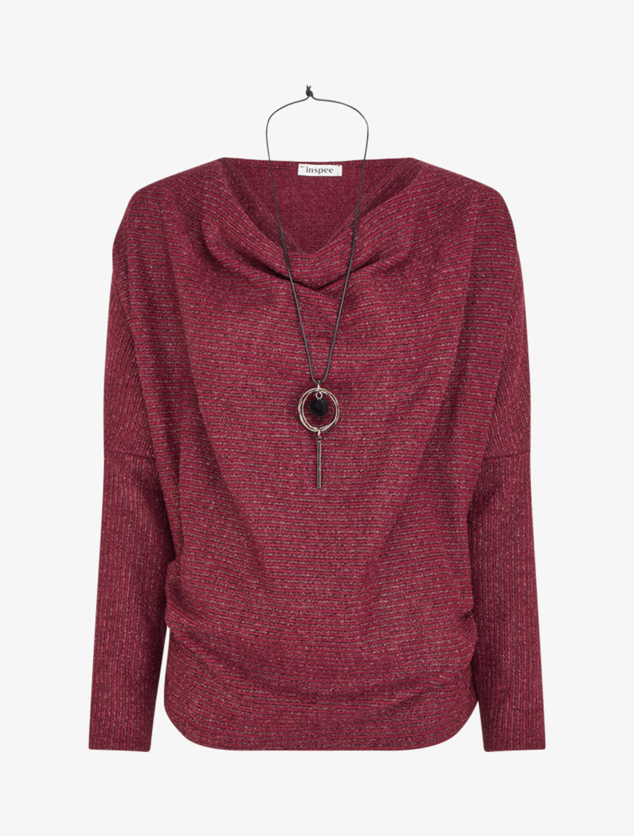 Pull fin rayé à col bénitier - Lie de vin - 1