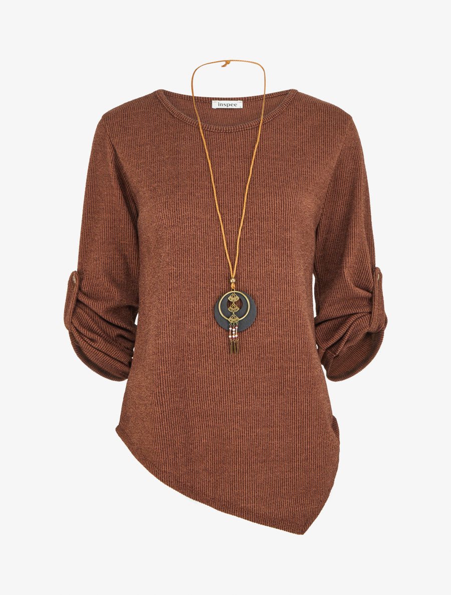 Pull fin asymétrique à manches longues retroussables - Marron - 1
