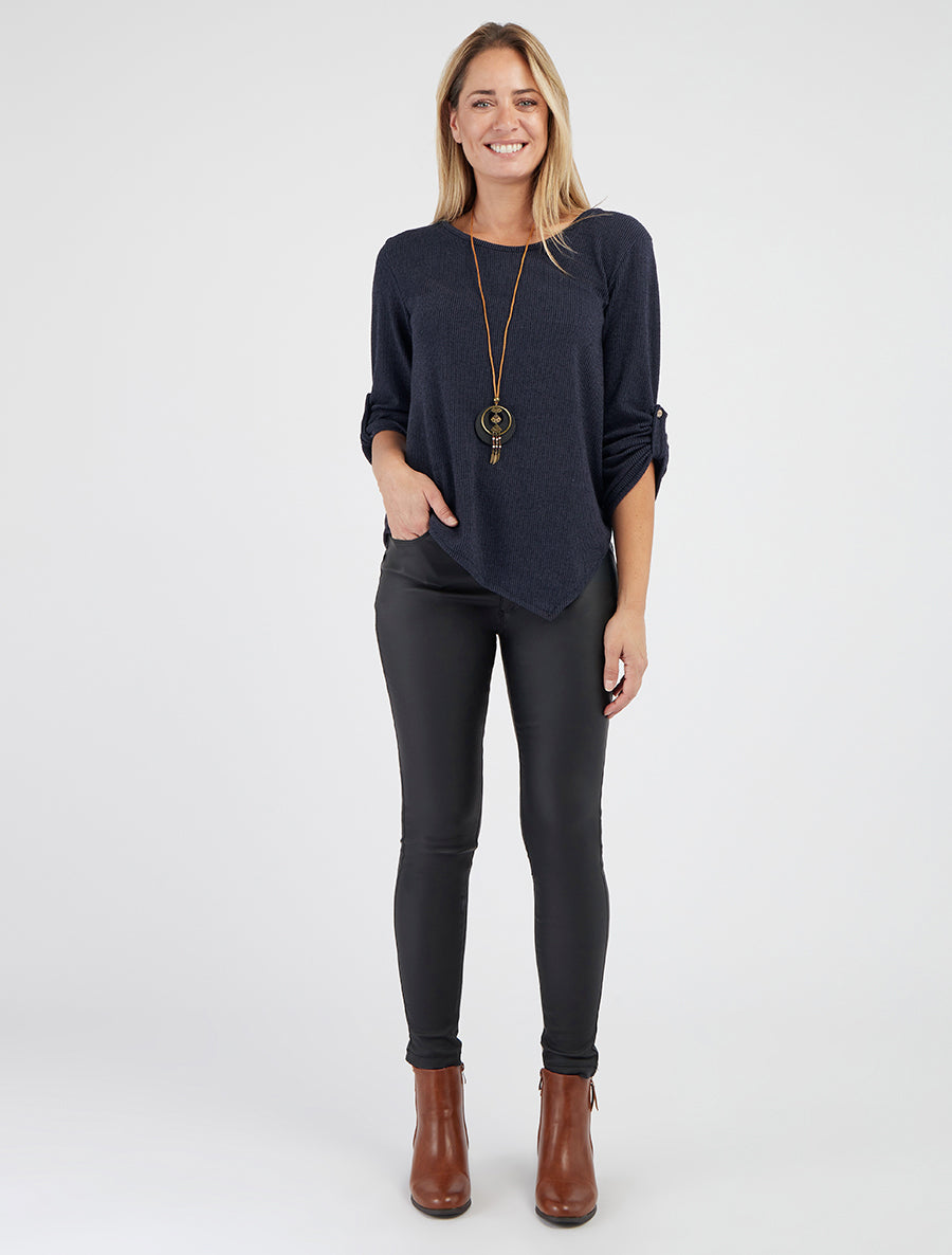 Asymmetrische dunne trui met oprolbare lange mouwen - Marine
