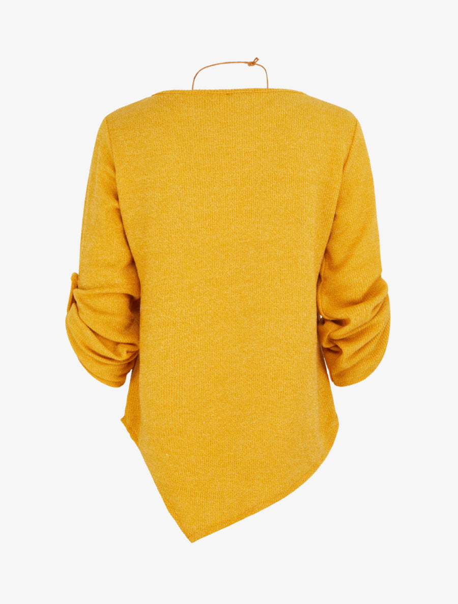 Pull fin asymétrique à manches longues retroussables - Jaune moutarde - 2