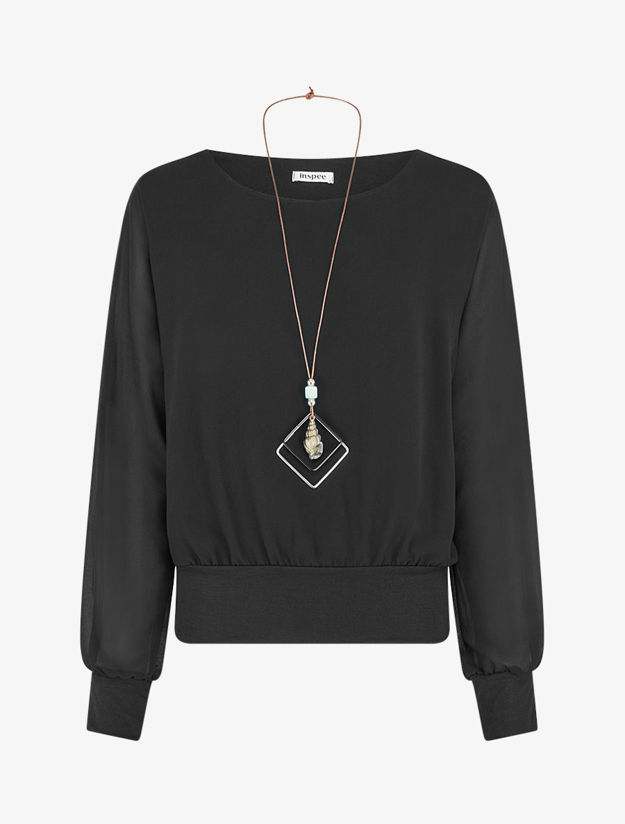 Blouse unie en voile à manches longues - Noir - 1