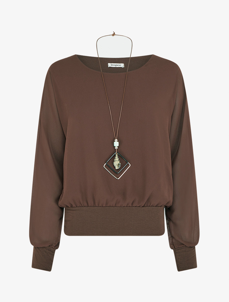 Blouse unie en voile à manches longues - Marron - 1