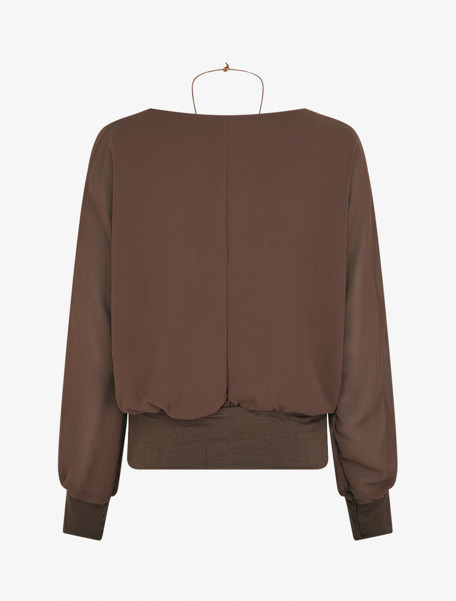 Blouse unie en voile à manches longues - Marron - 2