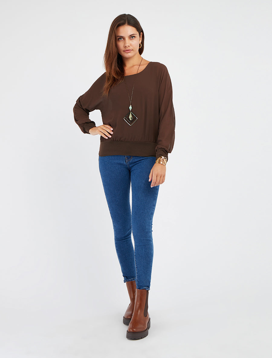 Effen blouse van voile met lange mouwen - Bruin