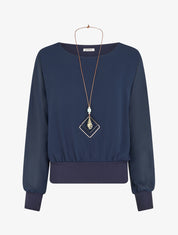 Blouse unie en voile à manches longues - Marine - 1