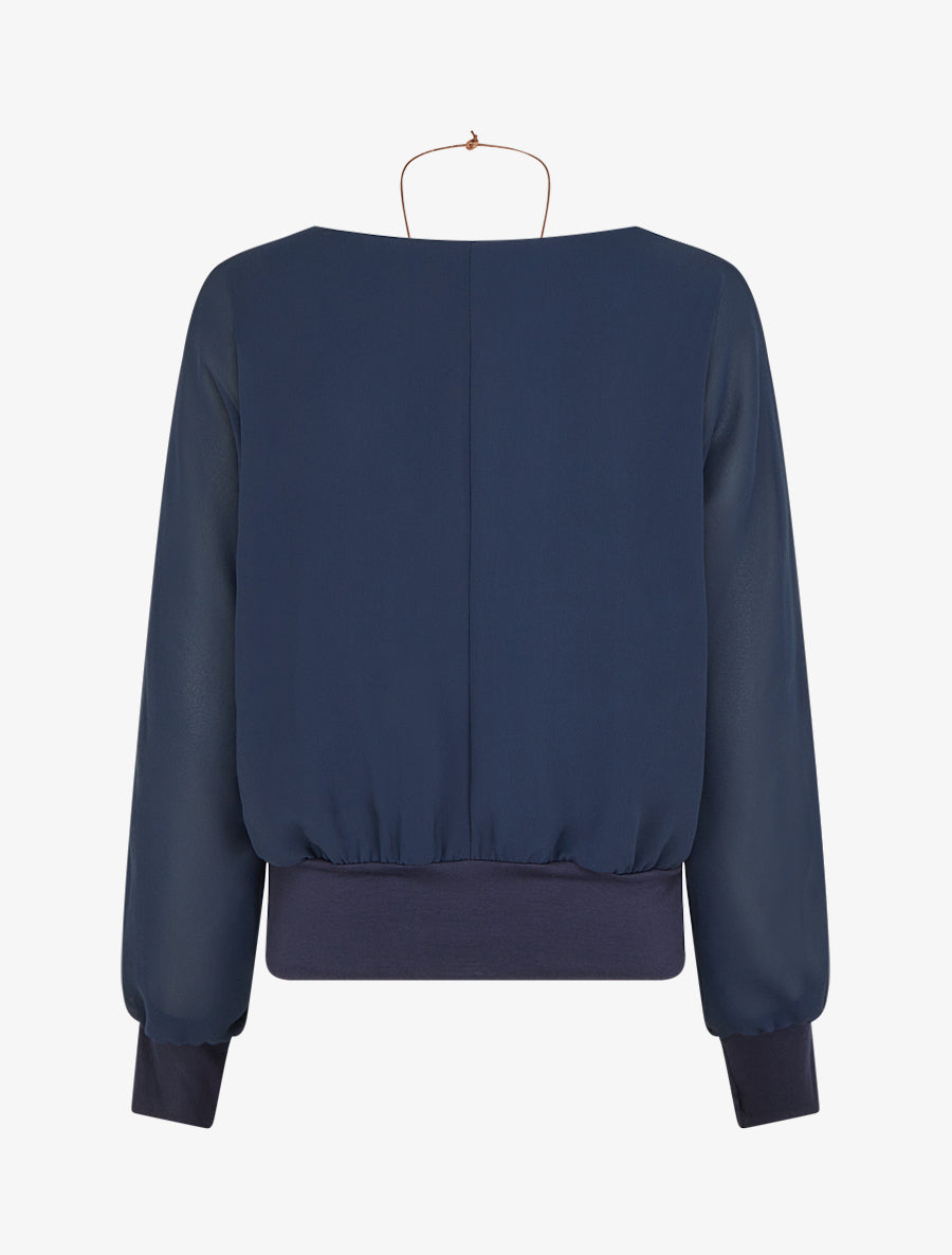 Blouse unie en voile à manches longues - Marine - 2